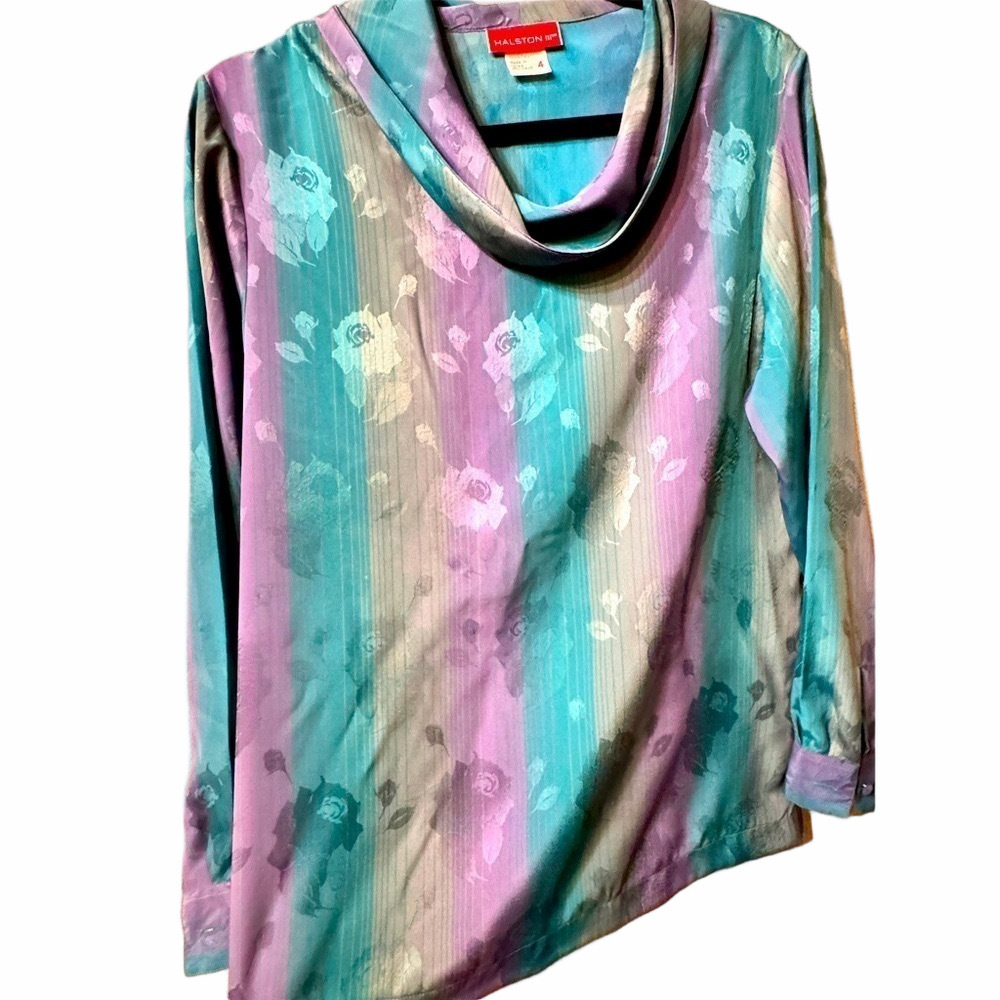 Vintage Halston III Blouse silky with roses size 4